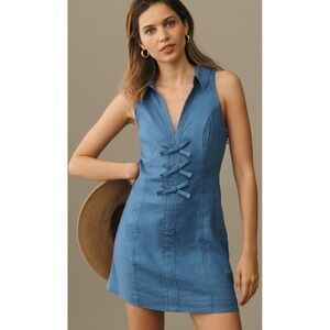 Maeve Anthropologie collared halter Mini Dress Sleeveless Bow Front Blue XL
